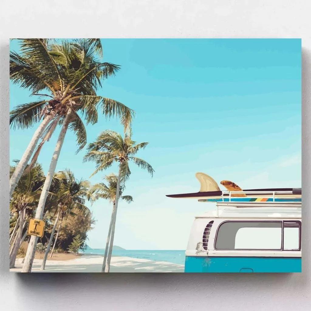 IY Malen nach Zahlen – Surfer-VW-Bus mit Palmen am Strand auf Leinwand malen – Sommerfeeling & kreative Entspannung – Artyroom.shop