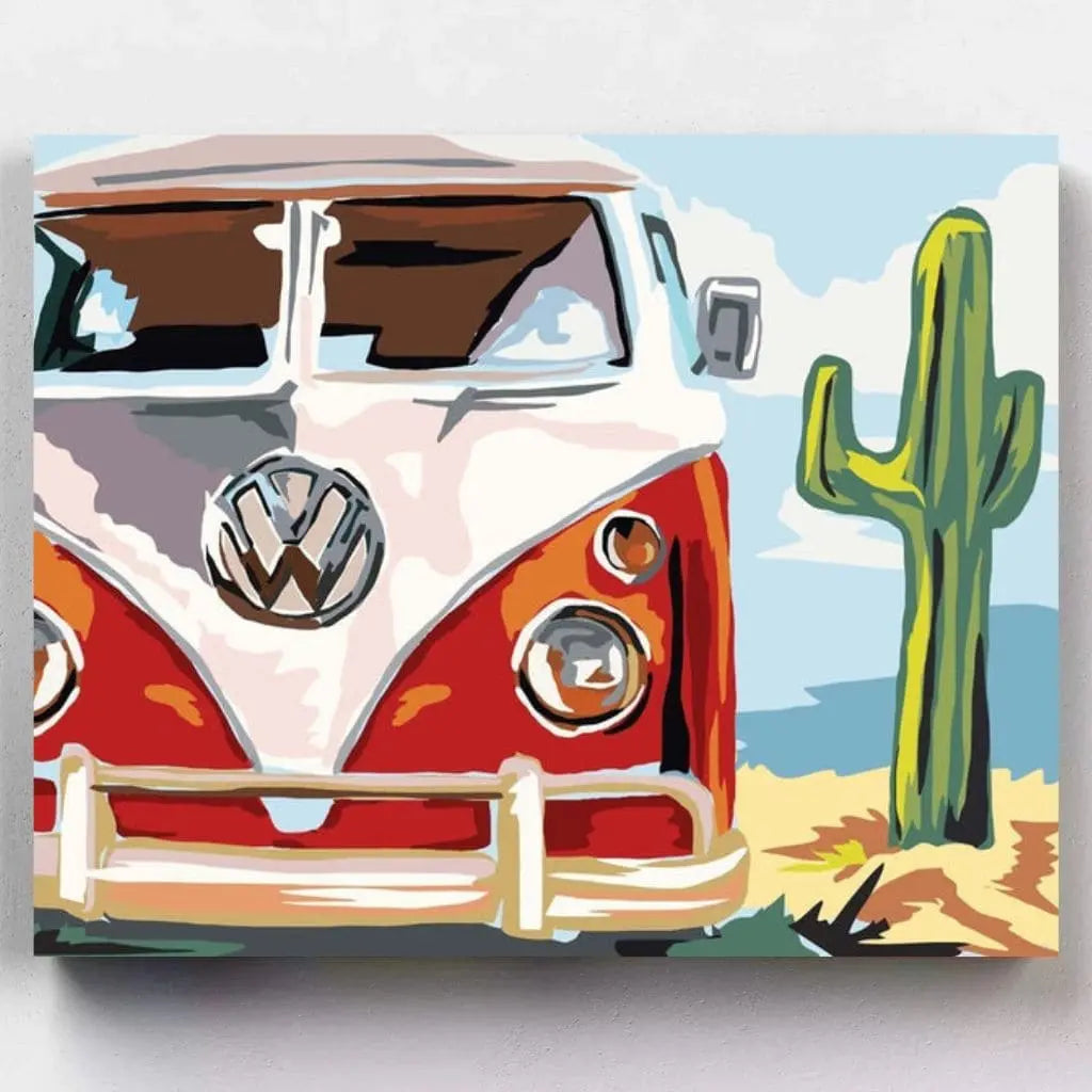 DIY Malen nach Zahlen – Retro-Camper vor Kaktus in Wüstenkulisse auf Leinwand malen – Freiheitsgefühl & Farbspaß für Vintage-Fans – Artyroom.shop
