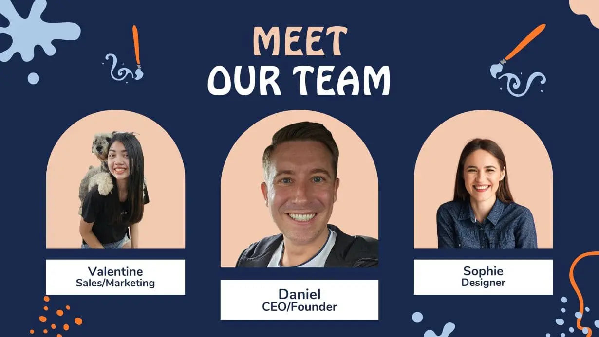 Teamvorstellung von Artyroom: Valentine (Sales/Marketing) mit Hund, Daniel (CEO/Founder) in der Mitte, Sophie (Designerin) rechts – lächelnd vor farbenfrohem Hintergrund.