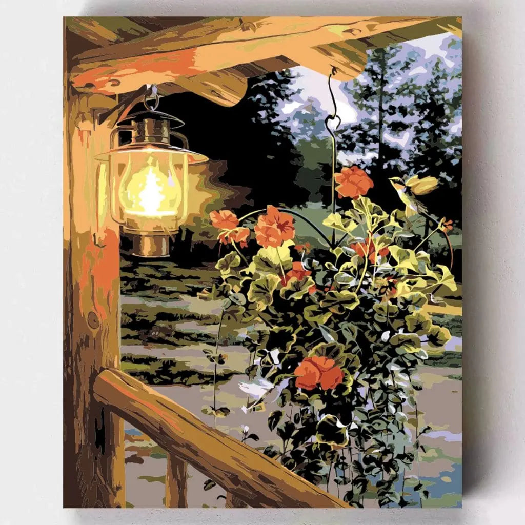 DIY Malen nach Zahlen – Romantische Abendstimmung mit Laterne und leuchtenden Blumen auf Leinwand malen – für Naturfreunde & kreative Entspannung – nur bei Artyroom.shop