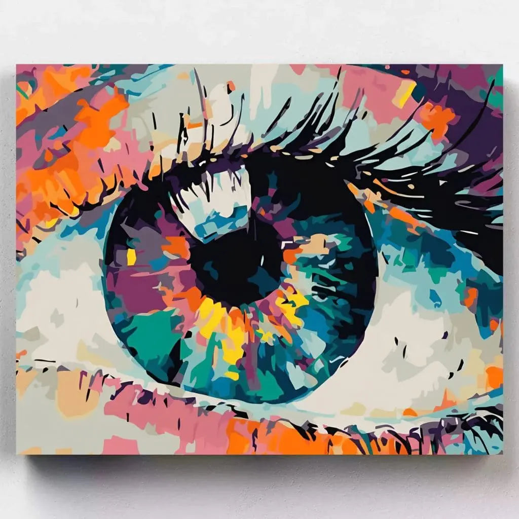 DIY Malen nach Zahlen – Abstrakte Nahaufnahme eines farbenfrohen Auges mit intensiven Kontrasten – modernes Kunstwerk auf Leinwand – für Kreative & Deko-Fans – nur bei Artyroom.shop