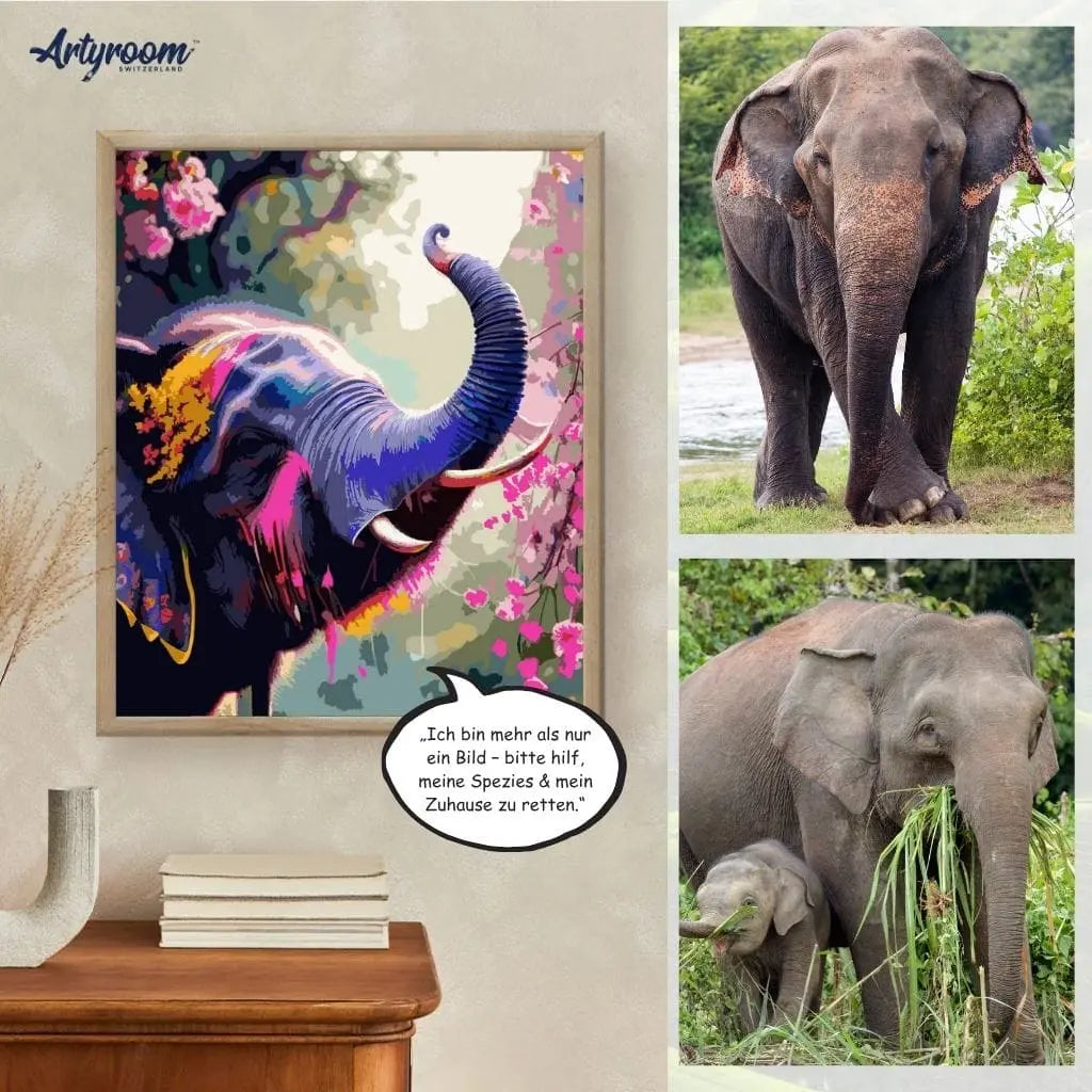 DIY Malen nach Zahlen – Farbenfroher asiatischer Elefant im Pop-Art-Stil mit Blüten auf Leinwand malen – kreativer Einsatz für den Artenschutz – 10 % für den Artenschutz & 1 Baum pro Bestellung – nur bei Artyroom.shop