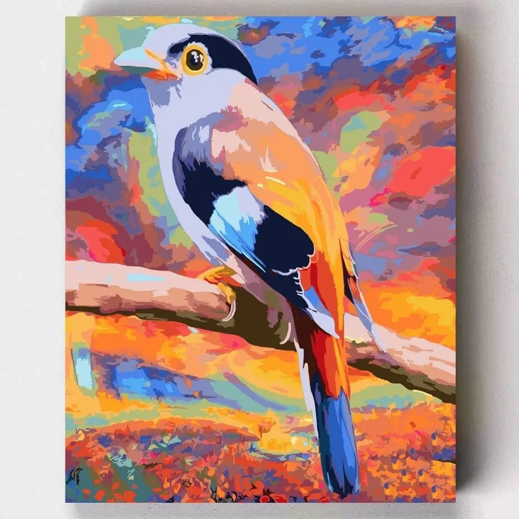 DIY Malen nach Zahlen – Farbenprächtiger Vogel vor leuchtendem Sonnenuntergang auf Leinwand malen – kraftvolle Farben & Naturmotive – nur bei Artyroom.shop