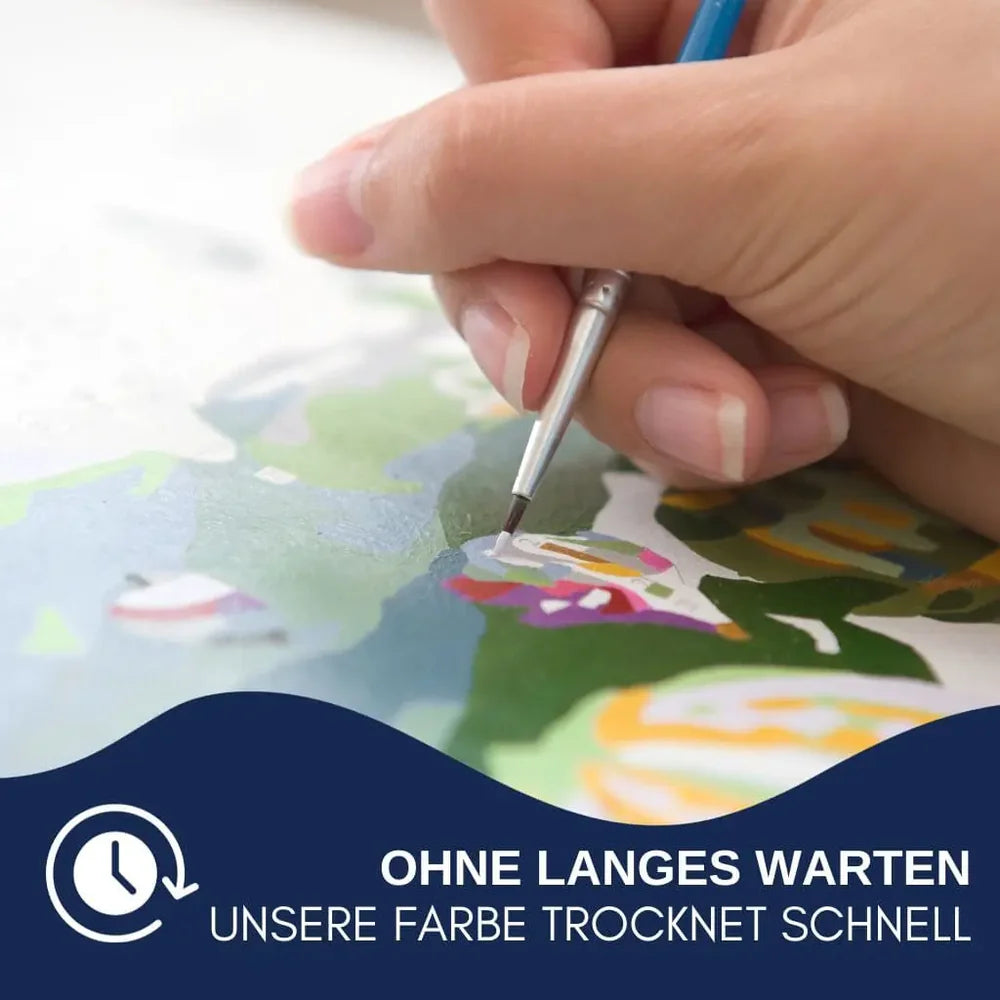 Nahaufnahme beim Malen mit schnell trocknender Farbe auf Leinwand – DIY Malen nach Zahlen Set von Artyroom Switzerland