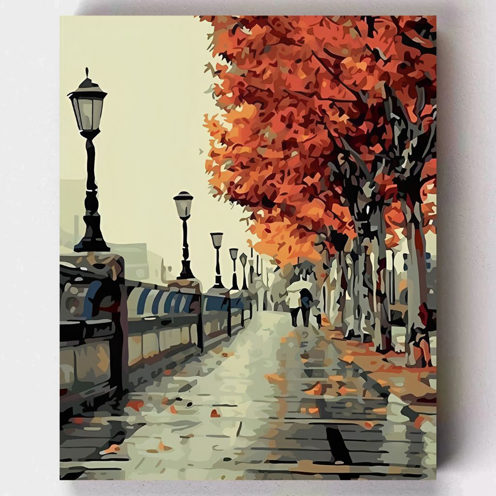 DIY Malen nach Zahlen – Spaziergang im herbstlichen Paris mit orangenen Baumkronen auf Leinwand malen – romantisches Stadtmotiv – nur bei Artyroom.shop