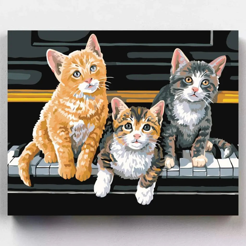 DIY Malen nach Zahlen – Drei verspielte Kätzchen auf einem Klavier entdecken neugierig die Tasten – perfektes Motiv für Katzenfreunde & kreative Entspannung – nur bei Artyroom.shop