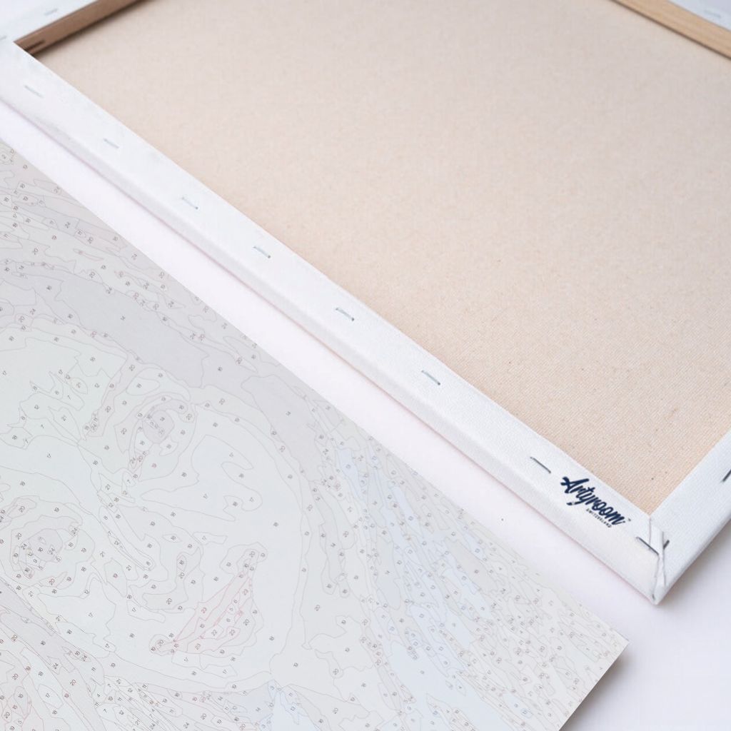 DIY Malen nach Zahlen auf gespannter Leinwand mit hochwertigem Keilrahmen und sichtbarer Rückseite – Detailaufnahme der Leinwandstruktur mit Artyroom Logo