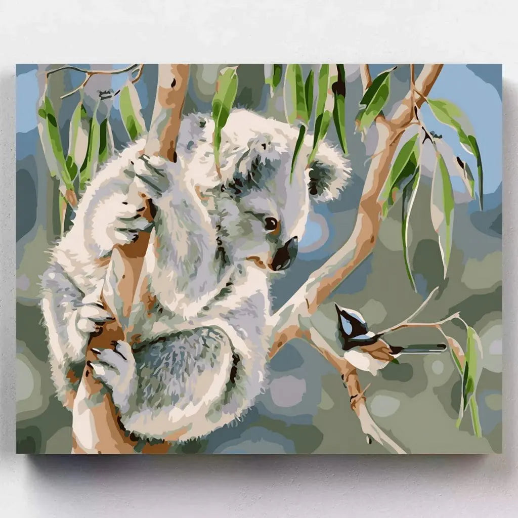 DIY Malen nach Zahlen – Niedlicher Koala auf einem Eukalyptusbaum mit kleinem Vogel auf Leinwand malen – liebevolles Tiermotiv für Achtsamkeit & kreative Entspannung – nur bei Artyroom.shop