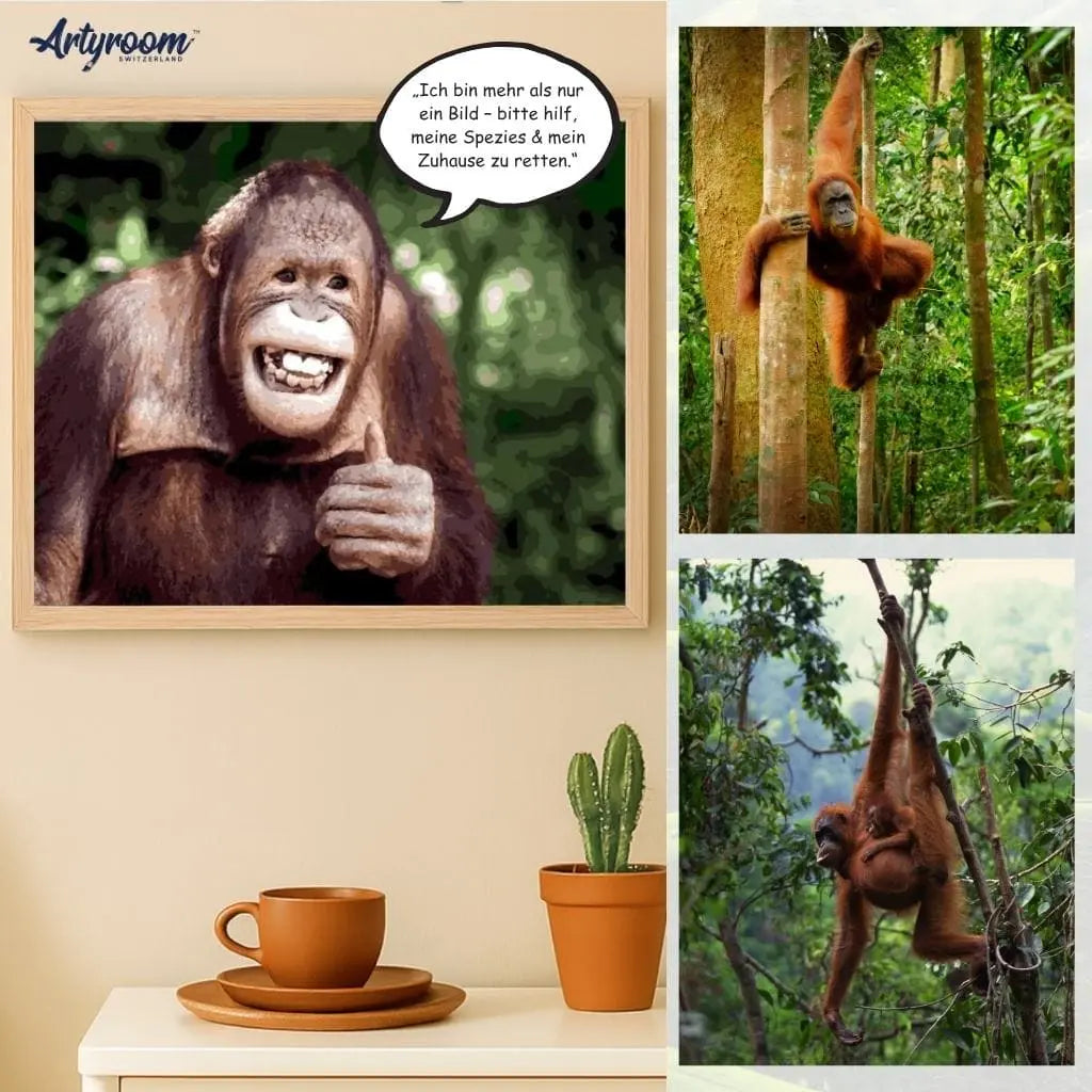 DIY Malen nach Zahlen – Fröhlicher Orang-Utan als Tierschutzmotiv auf Leinwand malen – Spende für seine Rettung & Regenwaldschutz inklusive – 10 % für den Artenschutz – nur bei Artyroom.shop