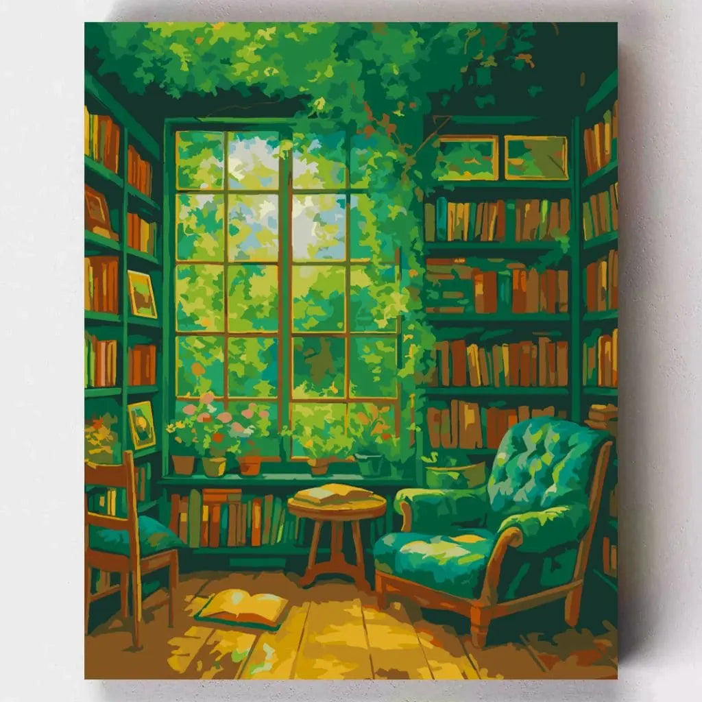 DIY Malen nach Zahlen – Grünes Lesezimmer mit Büchern und Pflanzen am Fenster auf Leinwand malen – für Bücherfreunde, Naturfans & kreative Entspannung – nur bei Artyroom.shop