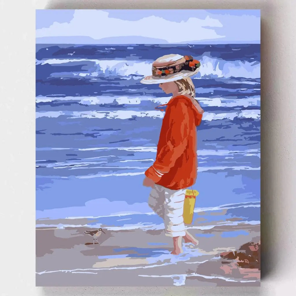 DIY Malen nach Zahlen – Mädchen am Meer mit Strohhut & Muscheleimer auf Leinwand malen – nostalgisches Sommermotiv für kreative Entspannung – exklusiv bei Artyroom.shop