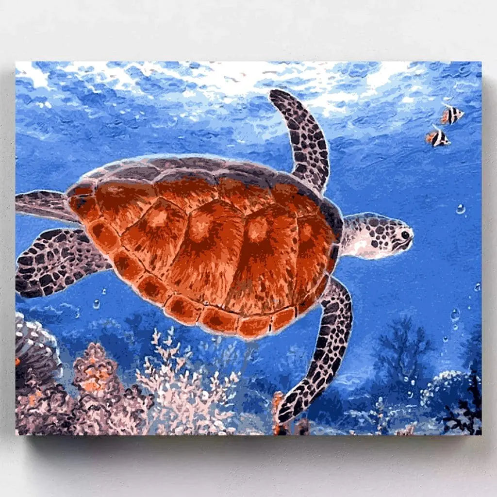 DIY Malen nach Zahlen – Meeresschildkröte im leuchtenden Korallenriff auf Leinwand malen – entspannendes Unterwasser-Motiv für kreative Auszeiten – nur bei Artyroom.shop