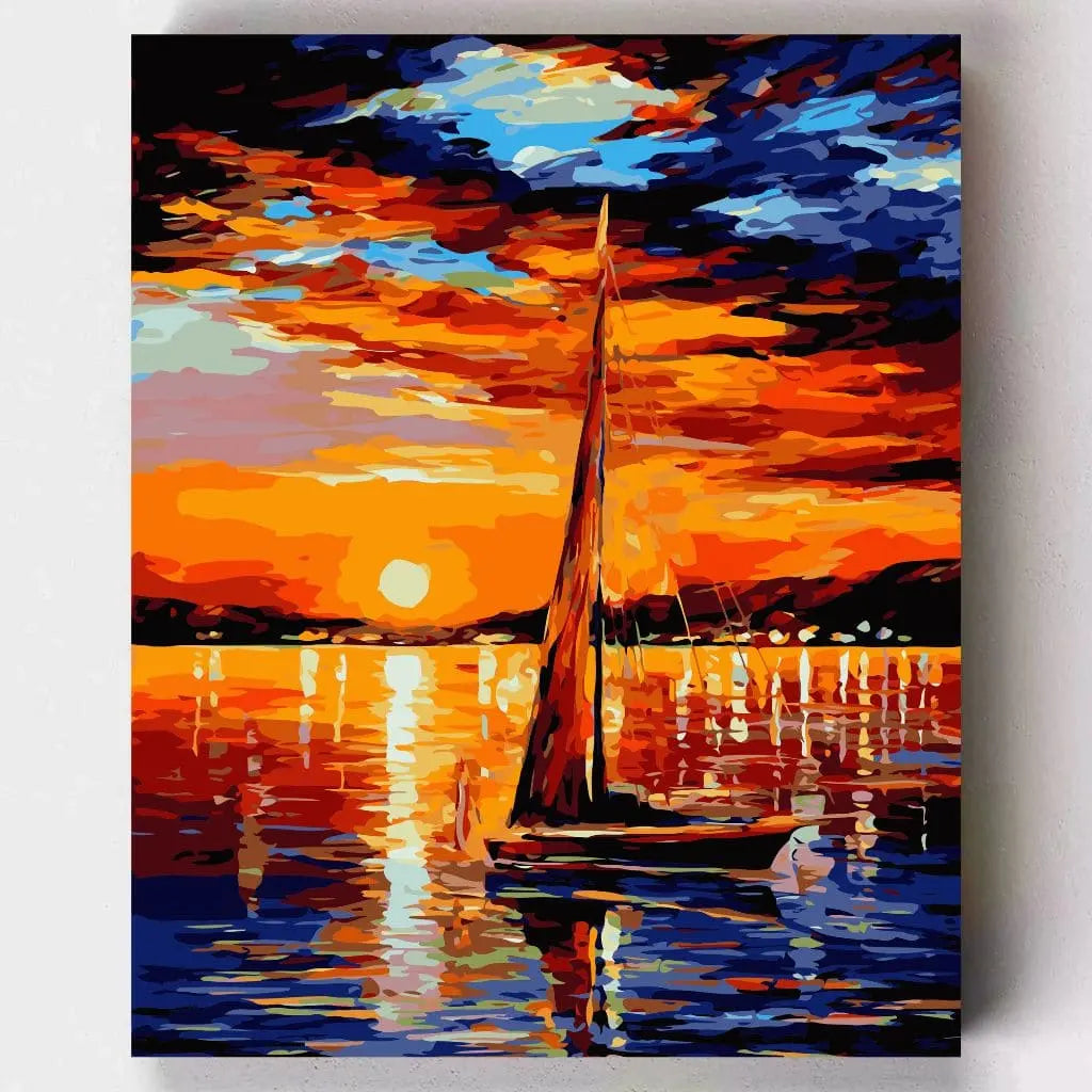 DIY Malen nach Zahlen – Segelboot im leuchtenden Sonnenuntergang auf dem ruhigen Meer auf Leinwand malen – farbintensives Motiv für Entspannung, Freiheit & Fernweh – nur bei Artyroom.shop