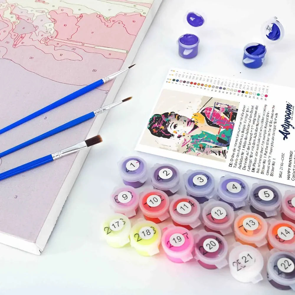 Malen nach Zahlen Set mit Farbtöpfen, Pinsel, Leinwand und Referenzblatt in Nahaufnahme – Artyroom Switzerland