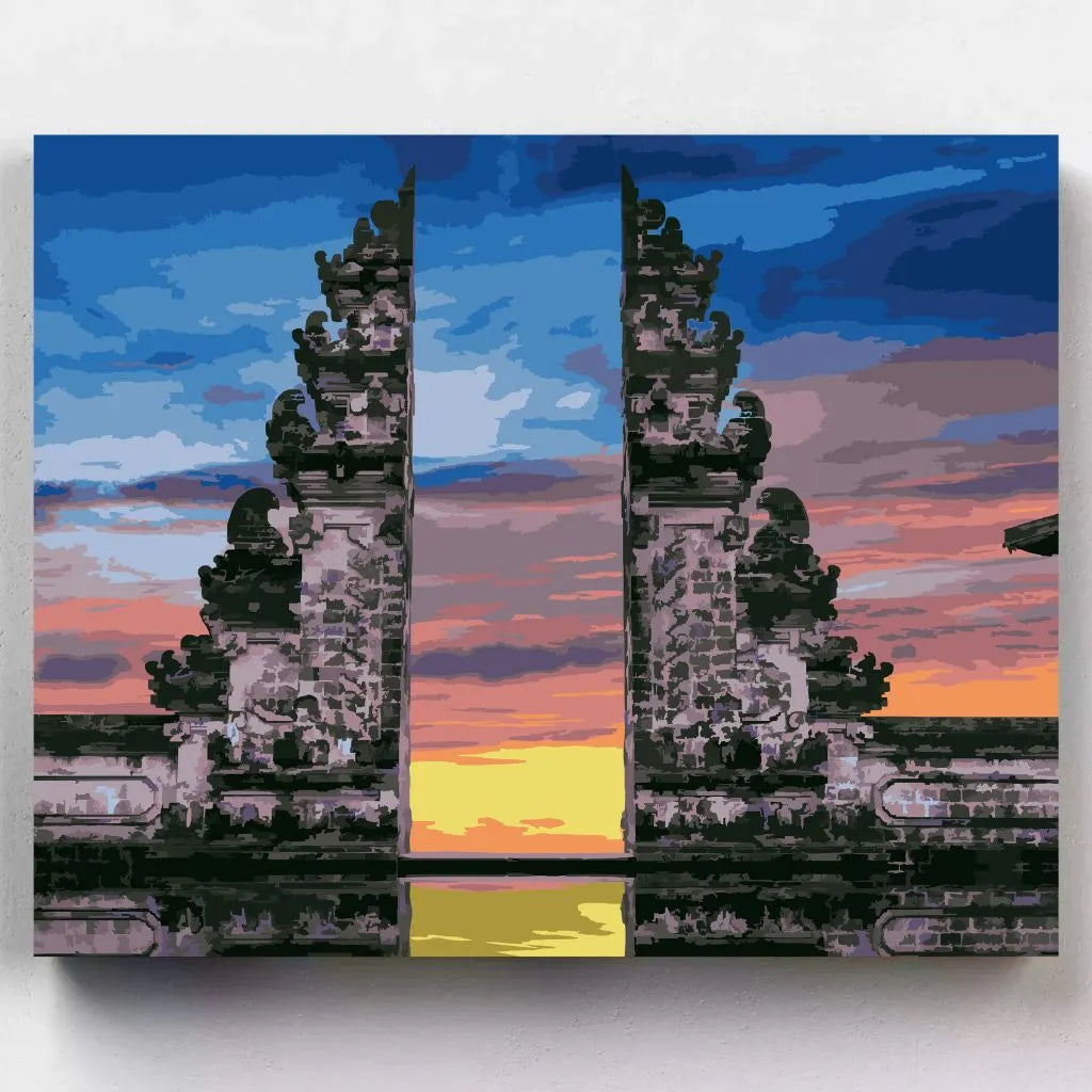 DIY Malen nach Zahlen – Magisches Himmelstor in Bali bei Sonnenuntergang auf Leinwand malen – spirituelle Ruhe & Fernweh-Moment für Zuhause – nur bei Artyroom.shop