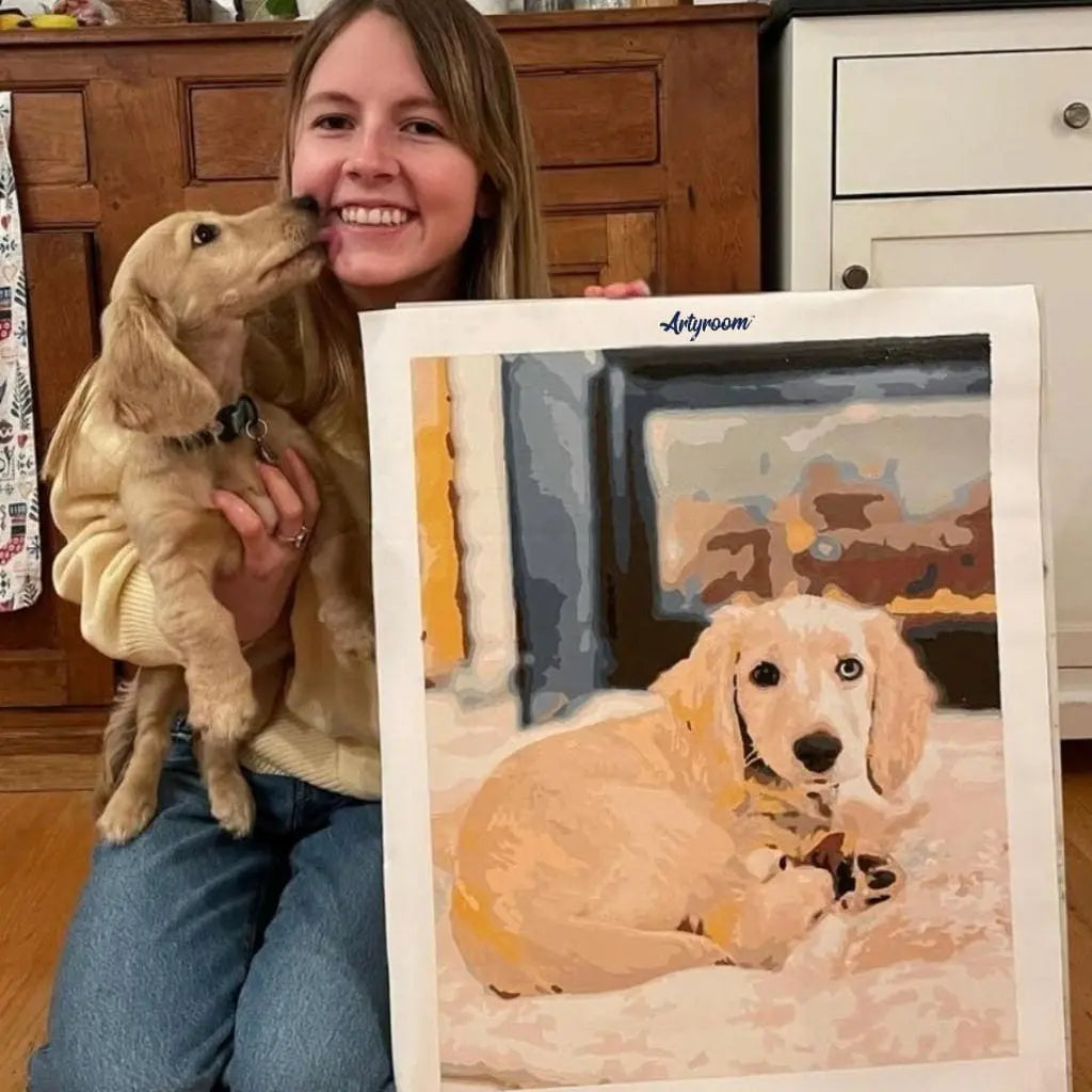DIY Malen nach Zahlen – personalisiertes Hundeporträt auf Leinwand mit glücklicher Kundin – Originalfoto in Kunst verwandelt – Artyroom.shop