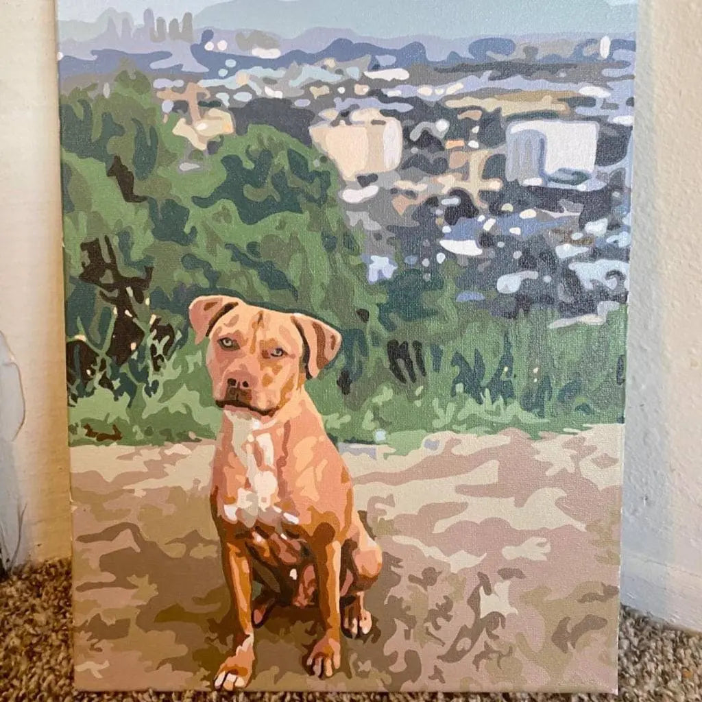 DIY Malen nach Zahlen – Hundeporträt mit Landschaft im Hintergrund auf Leinwand malen – Erinnerung an deinen Vierbeiner kreativ verewigen – Artyroom.shop