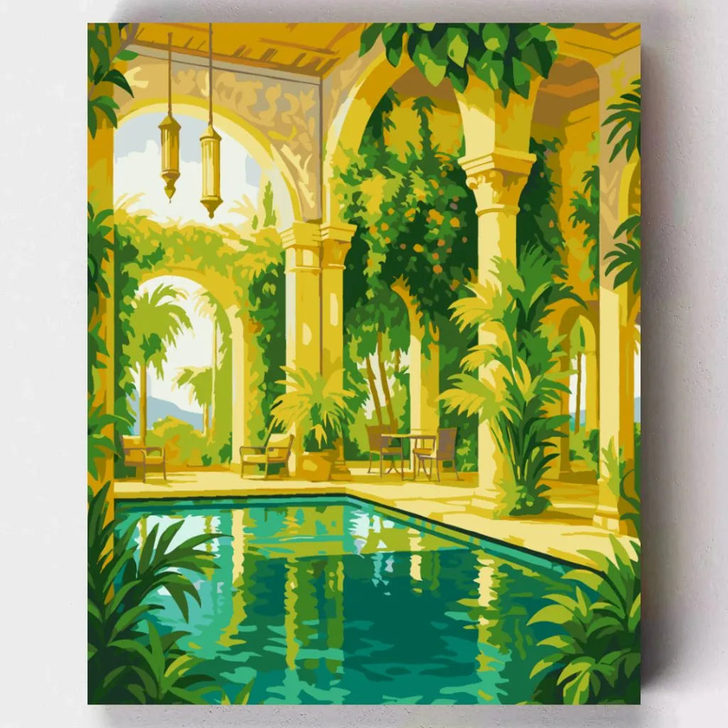 DIY Malen nach Zahlen – Mediterraner Palast mit Pool und tropischen Pflanzen auf Leinwand malen – Sommerfeeling & kreative Auszeit – nur bei Artyroom.shop