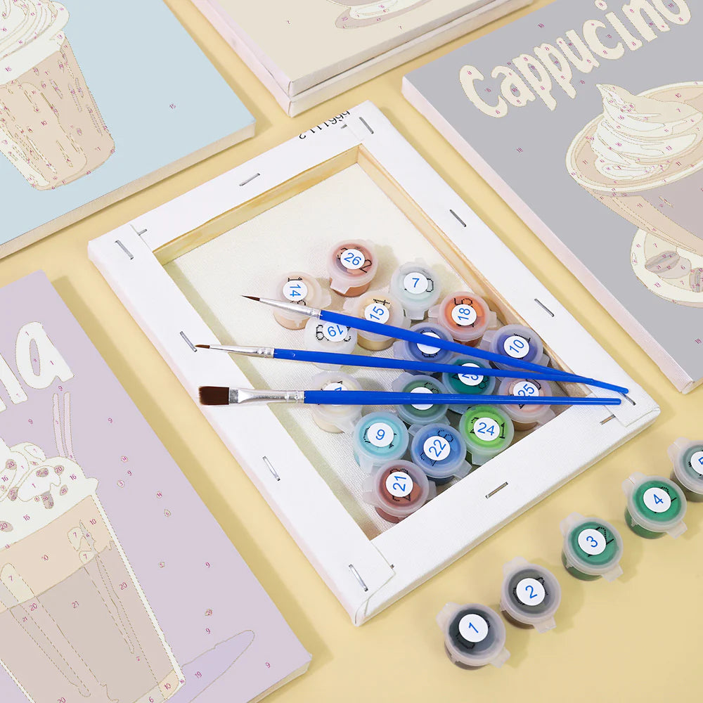 DIY Malen nach Zahlen – Mini-Kaffee-Set mit Farben, Pinseln & Leinwand von hinten – kreatives Zubehör für entspannte Momente – nur bei Artyroom.shop