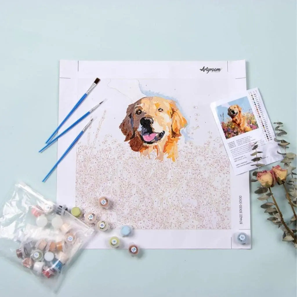 DIY Malen nach Zahlen Set mit Hundemotiv (Golden Retriever) auf Leinwand, inklusive Acrylfarben, Pinseln und Anleitung – individuell gestaltbar mit eigenem Foto.