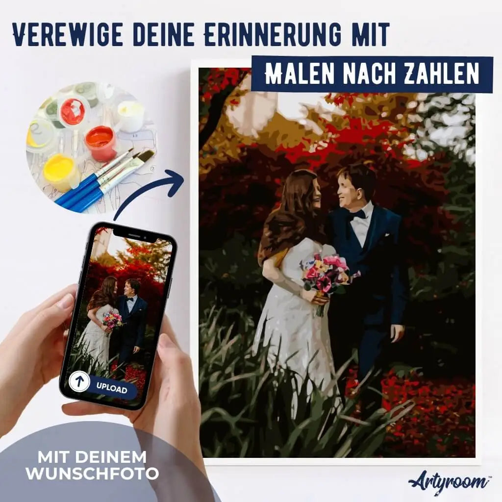 DIY Malen nach Zahlen – Hochzeitsfoto als Wunschmotiv verewigen auf Leinwand – Dein persönliches Erinnerungsbild mit eigenem Bild gestalten – Artyroom.shop