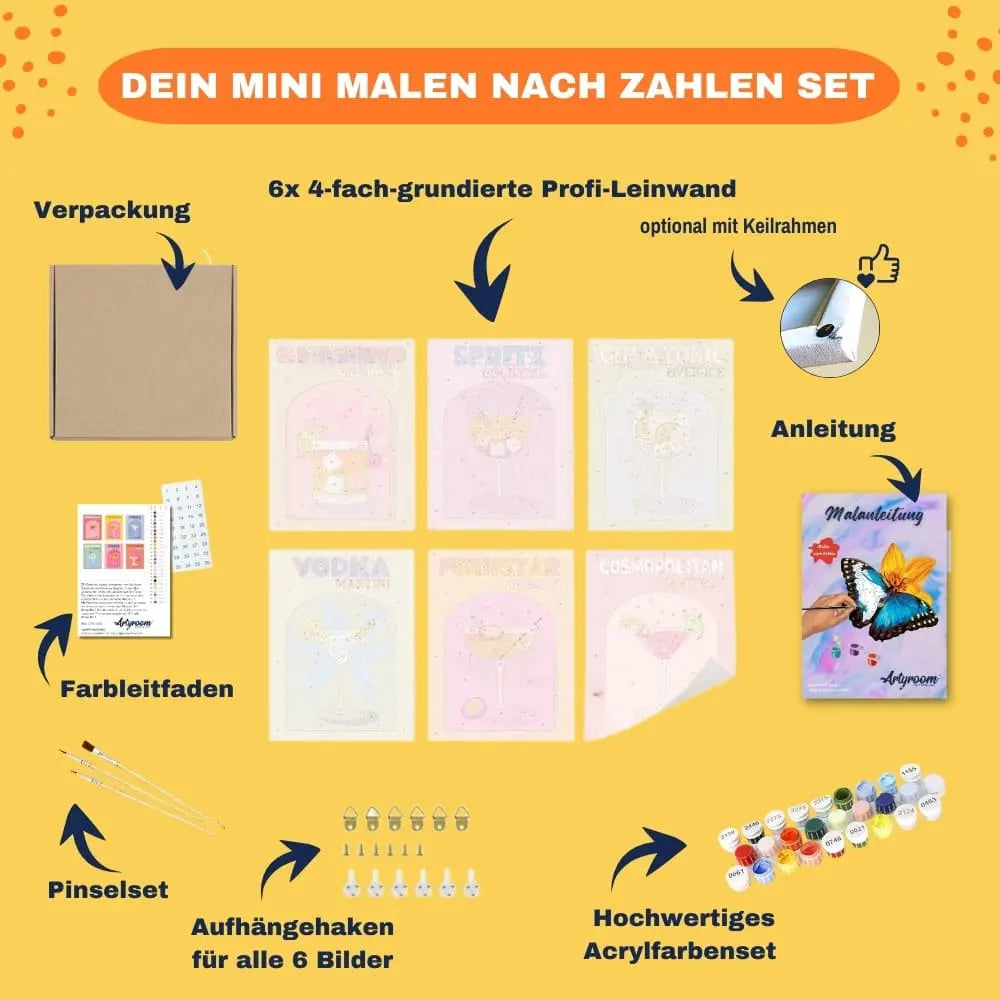 DIY Mini Malen nach Zahlen – Komplettset mit 6 Leinwänden, Acrylfarben, Pinseln, Anleitung & Zubehör – kreative Geschenkidee nur bei Artyroom.shop