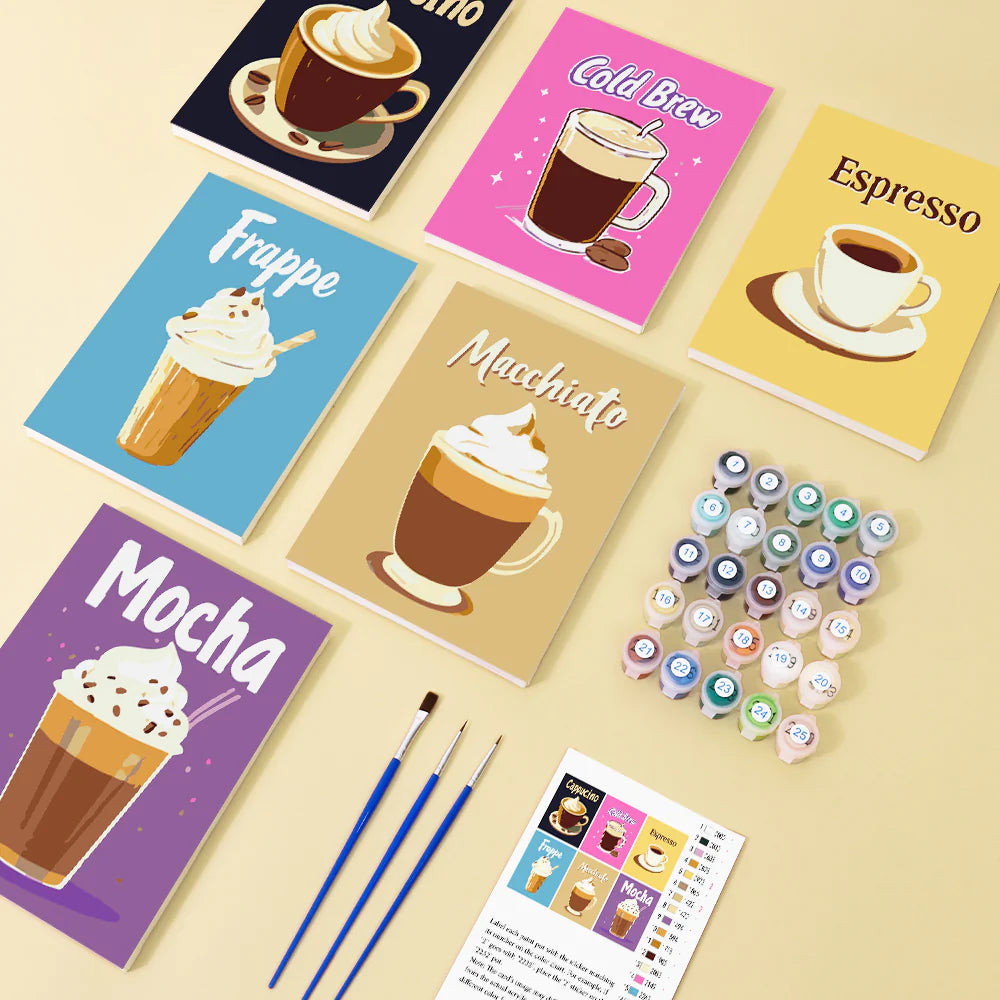 DIY Malen nach Zahlen – Kaffee-Kollektion mit 6 Mini-Leinwänden, Farben, Pinseln & Referenzblatt – kreative Geschenkidee für Kaffeeliebhaber – nur bei Artyroom.shop