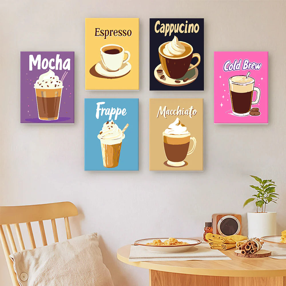 DIY Malen nach Zahlen – 6 Kaffee-Motive als Mini-Kunstwerke auf Leinwand an der Wand – kreative Dekoration für Küche & Café-Flair zuhause – nur bei Artyroom.shop