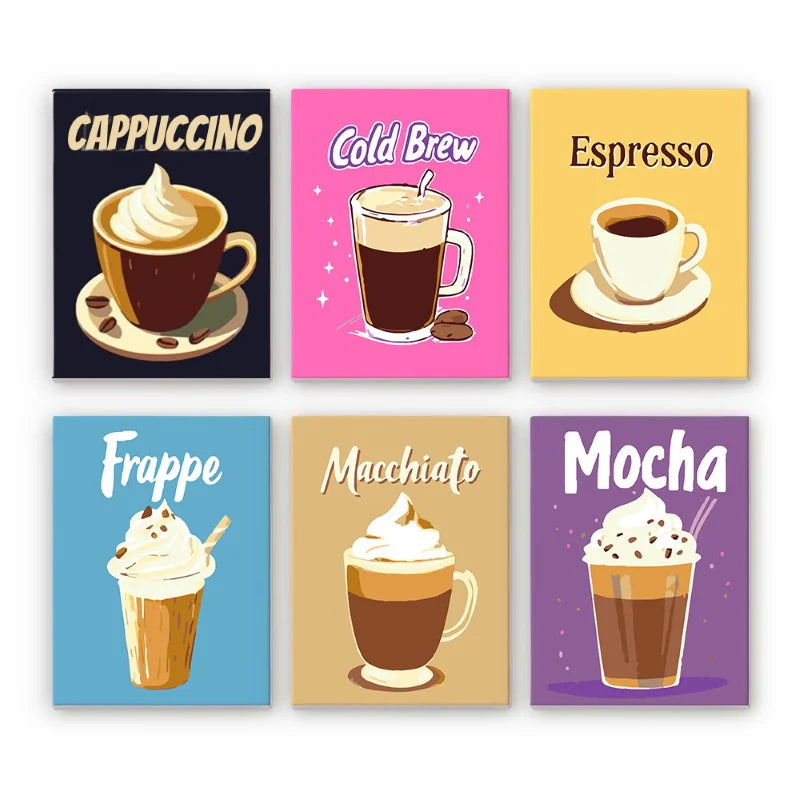 DIY Malen nach Zahlen – Mini-Kollektion mit 6 Kaffee-Motiven: Cappuccino, Espresso, Mocha & mehr auf Leinwand malen – ideal für Kaffeeliebhaber & kreative Genussmomente – nur bei Artyroom.shop