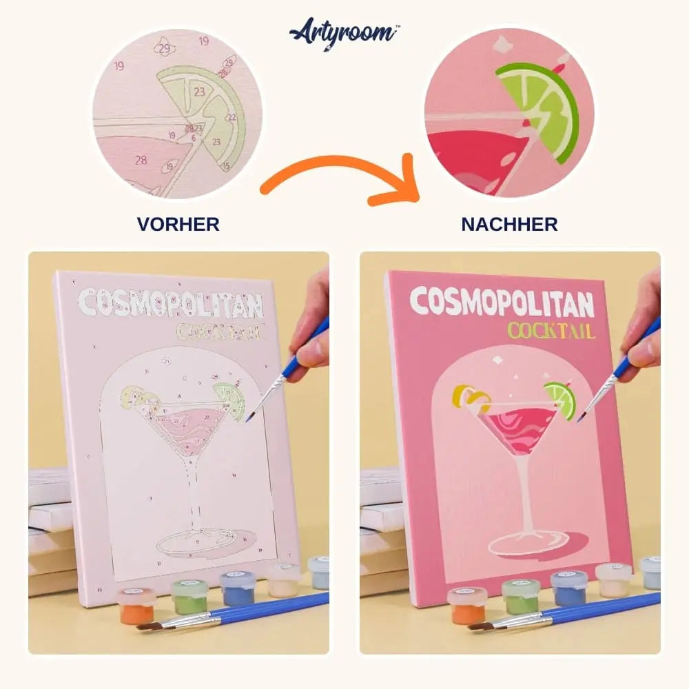 DIY Malen nach Zahlen – Vorher-Nachher-Vergleich des Motivs „Cocktails“ auf Leinwand malen – kreative Verwandlung Schritt für Schritt erleben – nur bei Artyroom.shop