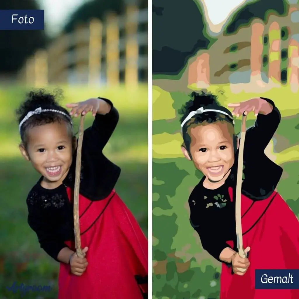 DIY Malen nach Zahlen – Wunschmotiv mit Kind: Vorher-Nachher-Vergleich von Foto zu Gemälde auf Leinwand – personalisiertes Kinderportrait als Malset – Artyroom.shop
