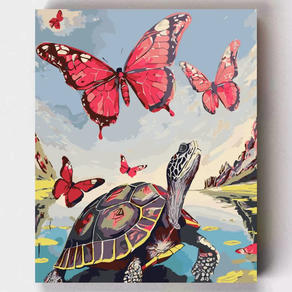 DIY Malen nach Zahlen – Friedliche Schildkröte mit roten Schmetterlingen auf Leinwand malen – Symbol für Achtsamkeit & Naturverbundenheit – nur bei Artyroom.shop