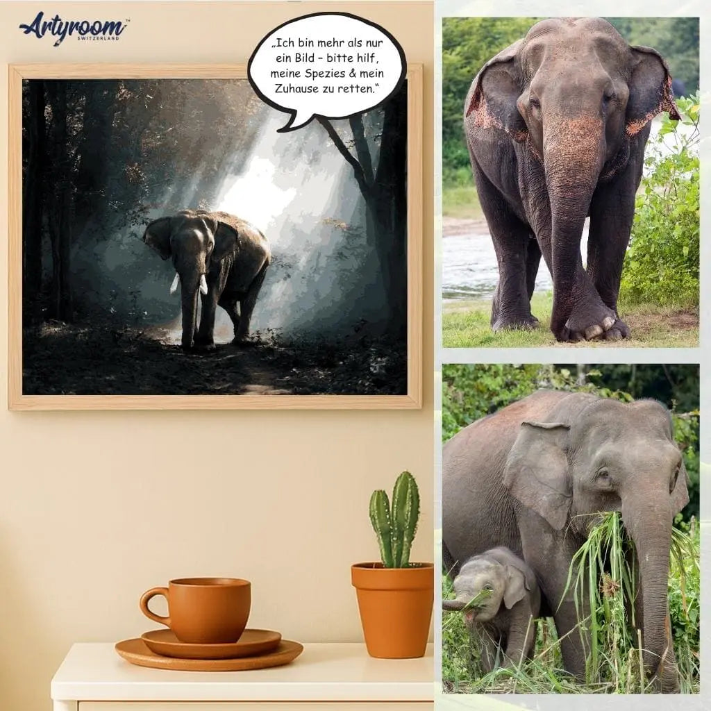 DIY Malen nach Zahlen – Asiatischer Elefant im nebligen Wald als kraftvolles Tierschutzmotiv auf Leinwand malen – für Naturfreunde & bedrohte Arten – nur bei Artyroom.shop