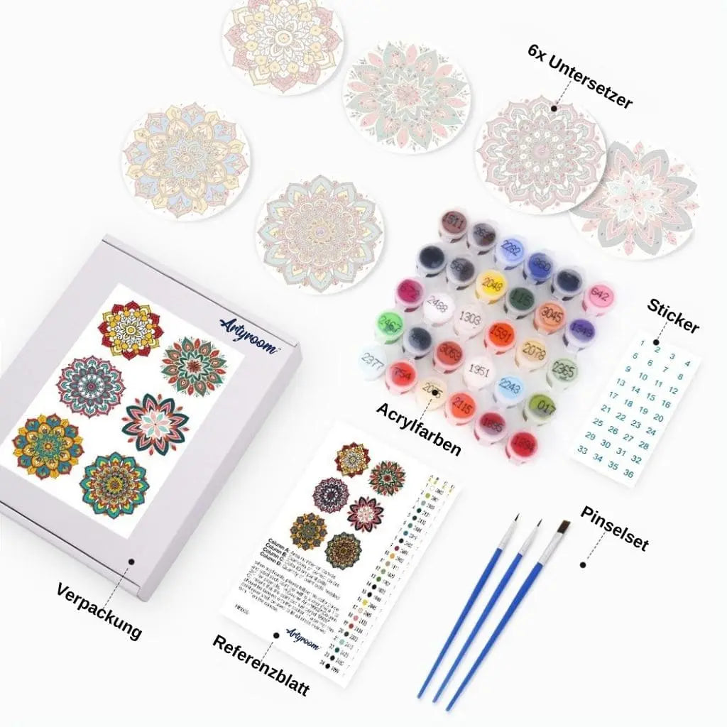 DIY Malen nach Zahlen – Farbintensive Mandala-Untersetzer mit Acrylfarben gestalten – für kreative Achtsamkeit & Tischdeko – nur bei Artyroom.shop