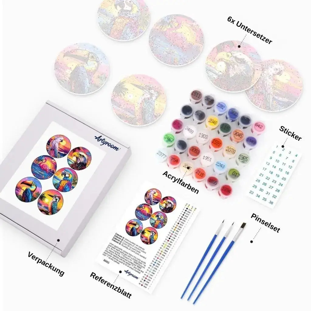 DIY Malen nach Zahlen – Tropische Vögel wie Papagei & Flamingo im Sonnenuntergang auf Acryl-Untersetzer malen – farbenfrohe Deko für Sommerfans – nur bei Artyroom.shop