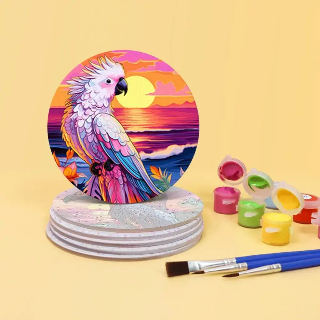 DIY Malen nach Zahlen – Tropische Vögel wie Papagei & Flamingo im Sonnenuntergang auf Acryl-Untersetzer malen – farbenfrohe Deko für Sommerfans – nur bei Artyroom.shop