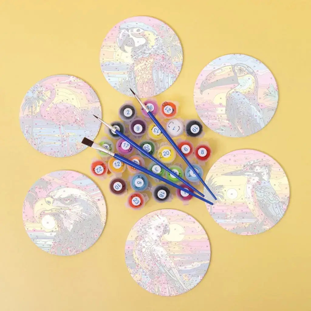DIY Malen nach Zahlen – Tropische Vögel wie Papagei & Flamingo im Sonnenuntergang auf Acryl-Untersetzer malen – farbenfrohe Deko für Sommerfans – nur bei Artyroom.shop