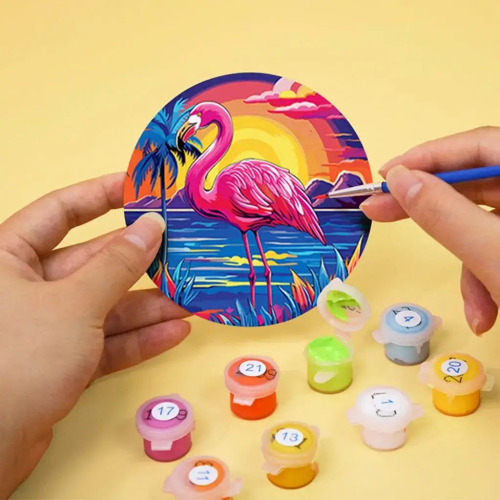 DIY Malen nach Zahlen – Tropische Vögel wie Papagei & Flamingo im Sonnenuntergang auf Acryl-Untersetzer malen – farbenfrohe Deko für Sommerfans – nur bei Artyroom.shop