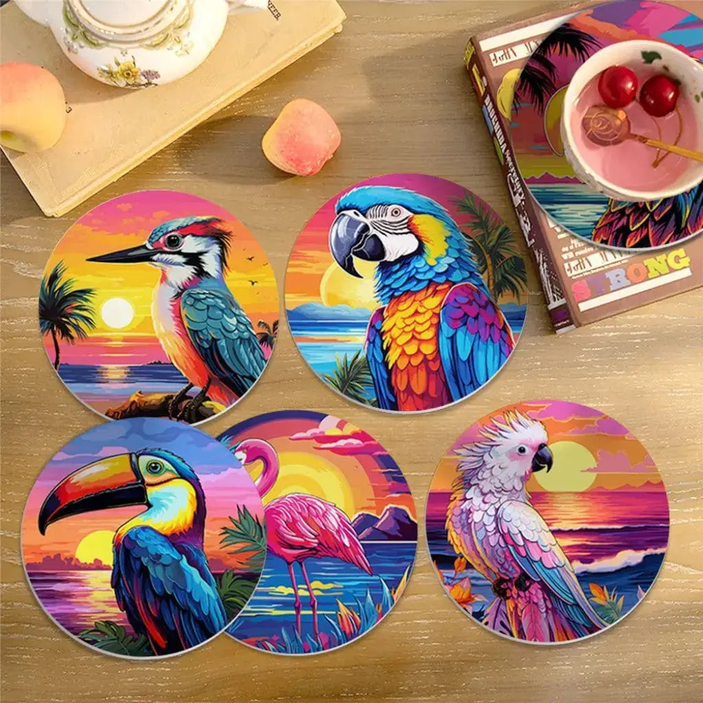 DIY Malen nach Zahlen – Tropische Vögel wie Papagei & Flamingo im Sonnenuntergang auf Acryl-Untersetzer malen – farbenfrohe Deko für Sommerfans – nur bei Artyroom.shop
