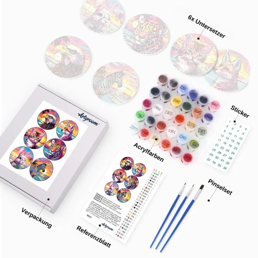 DIY Malen nach Zahlen – Tierische Acryl-Untersetzer bemalen mit Panther, Fuchs, Katze, Adler, Hase & Co. – bunte Tischdeko zum Selbergestalten – Lieferumfang mit Farben, Pinsel, Anleitung und Referenzblatt – nur bei Artyroom.shop