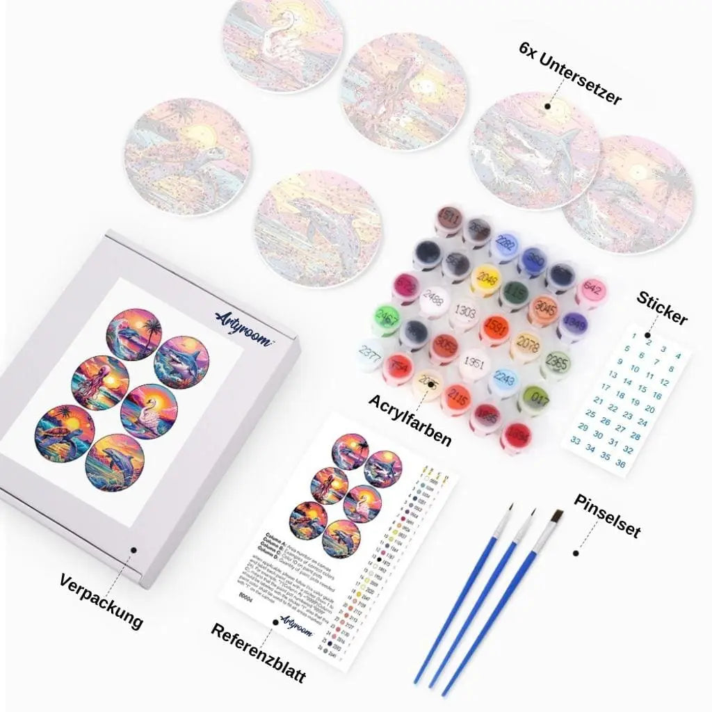 DIY Malen nach Zahlen Untersetzer mit Acrylfarben, Anleitung und Pinsel – Delfine, Flamingos, Schildkröte, Haifisch, Schwan, Octopus & Meeresmotive bei farbenfrohen tropischem Sonnenuntergang als Untersetzer selbst bemalen – für tropisches Sommerfeeling am Tisch – nur bei Artyroom.shop