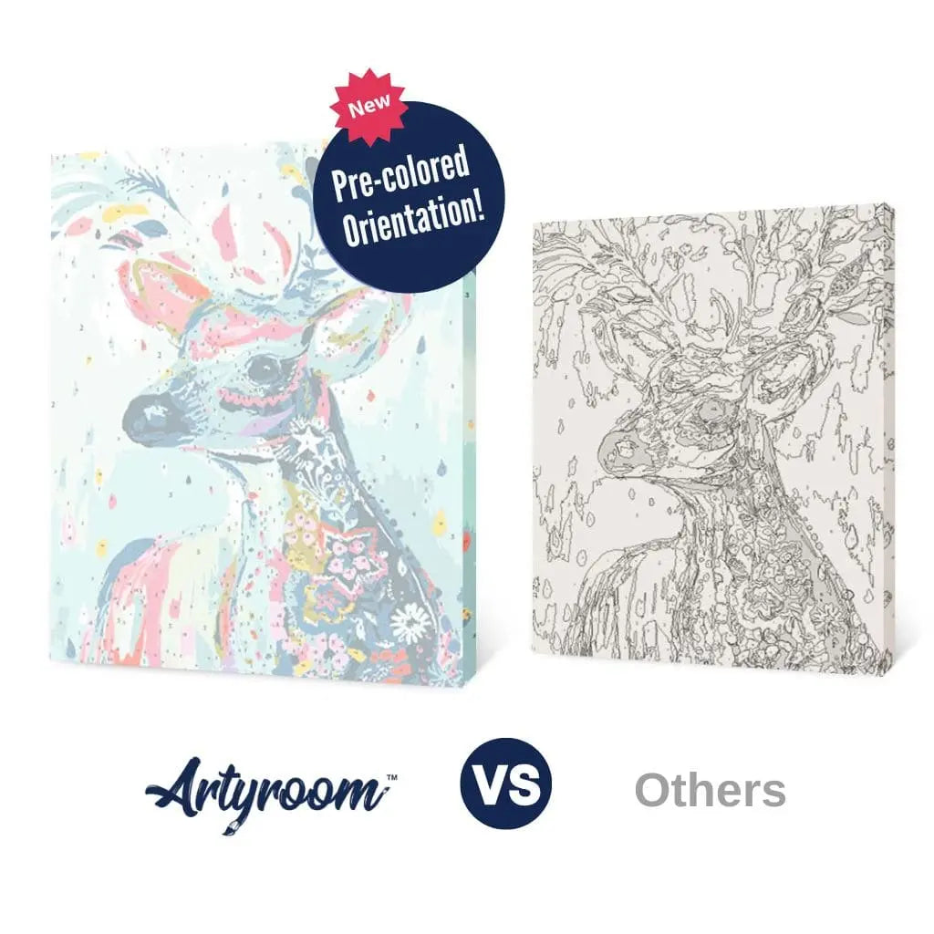 DIY Malen nach Zahlen Vergleichsbild: Farbige Leinwand von Artyroom vs. klassische Schwarz-Weiß-Leinwand anderer Anbieter