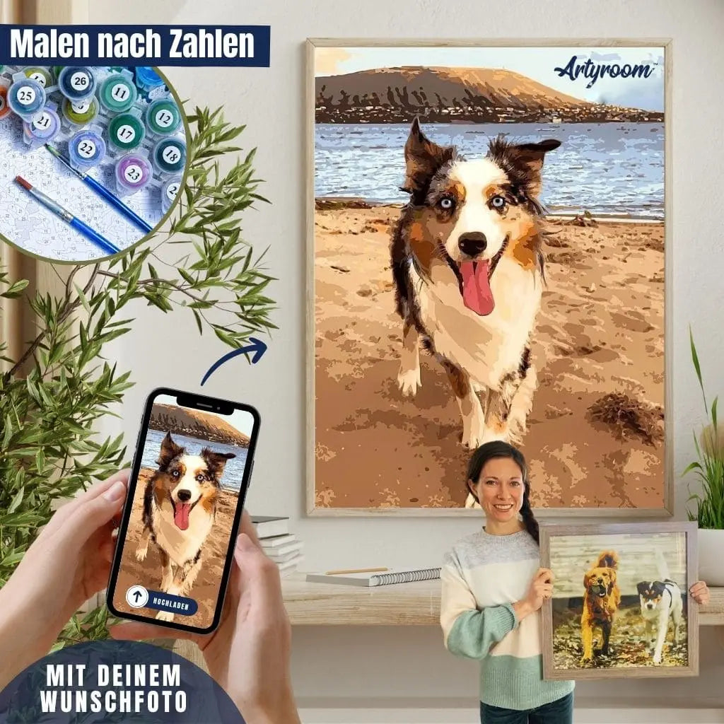 DIY Malen nach Zahlen – Dein Hund als Leinwand-Kunstwerk nach Foto selbst malen – mit Farben, Pinsel & Wunschmotiv – personalisiertes Geschenk – nur bei Artyroom.shop