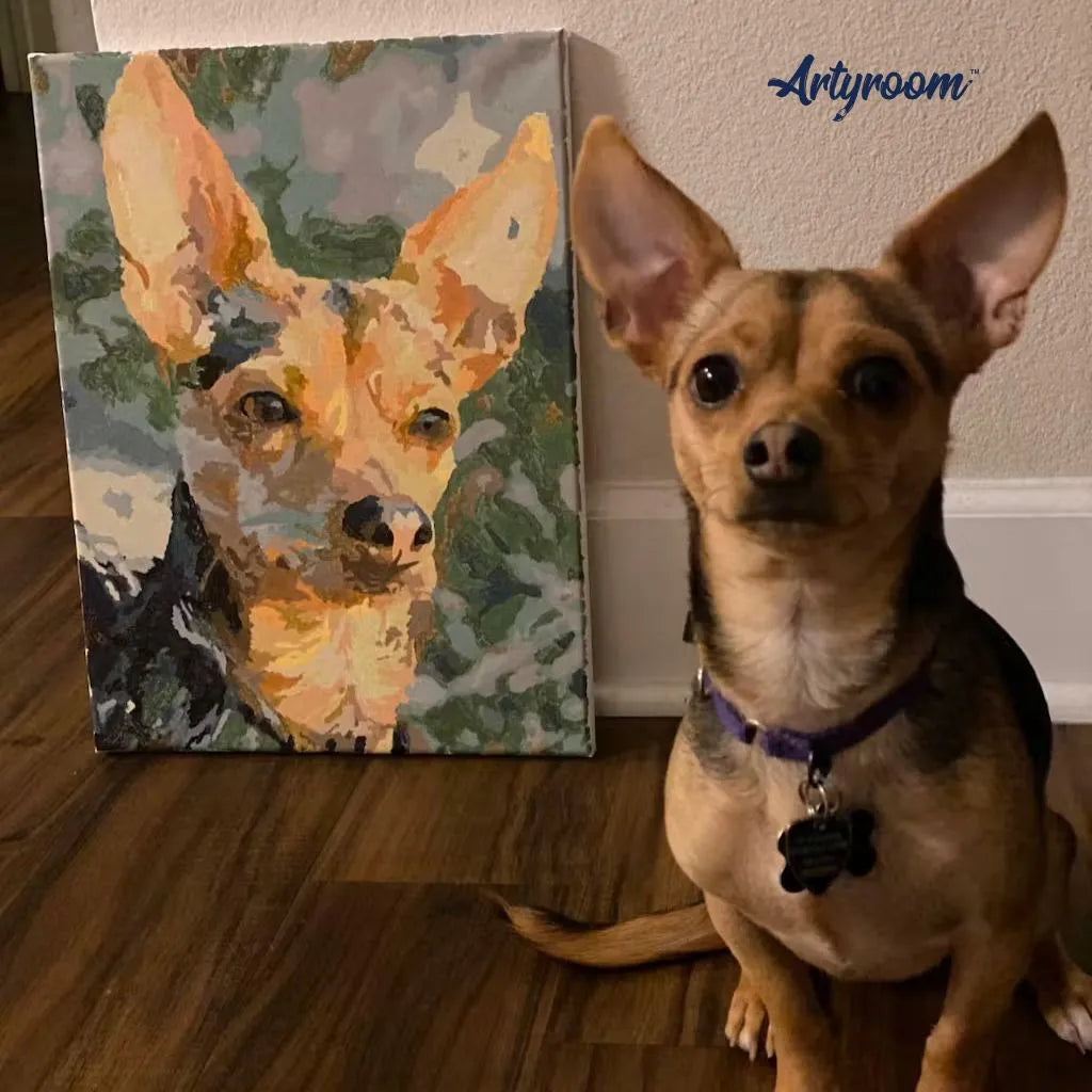 DIY Malen nach Zahlen – persönliches Hundeporträt neben dem echten Vierbeiner – Haustier auf Leinwand verewigt – emotionale Erinnerung – nur bei Artyroom.shop