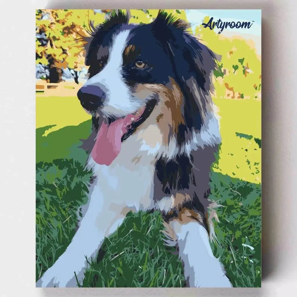 DIY Malen nach Zahlen – fröhlicher Hund auf grüner Wiese als Leinwand-Gemälde – personalisiertes Haustierbild selber malen – nur bei Artyroom.shop