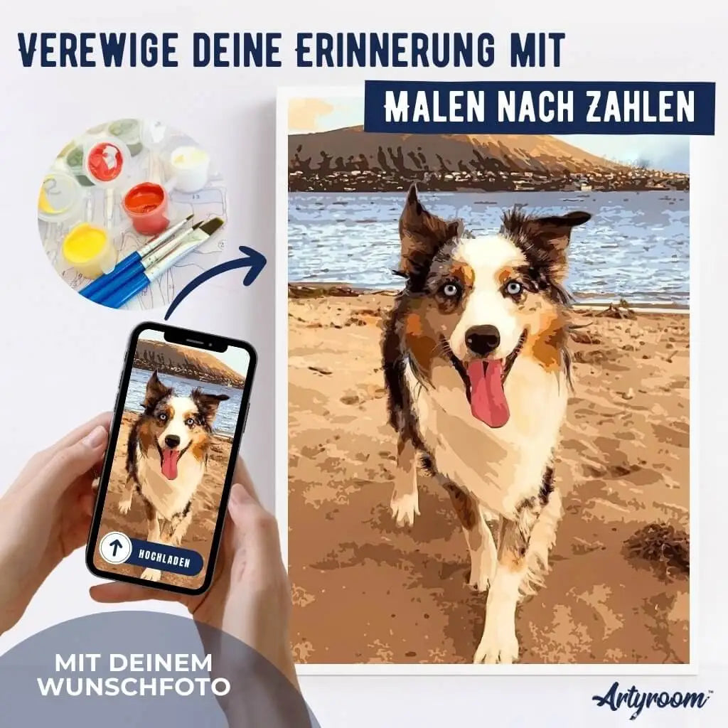 DIY Malen nach Zahlen – vom Wunschfoto zum Leinwand-Gemälde mit deinem Hund – kreiere ein personalisiertes Kunstwerk mit Farben & Pinsel – perfektes Geschenk für Tierliebhaber – nur bei Artyroom.shop