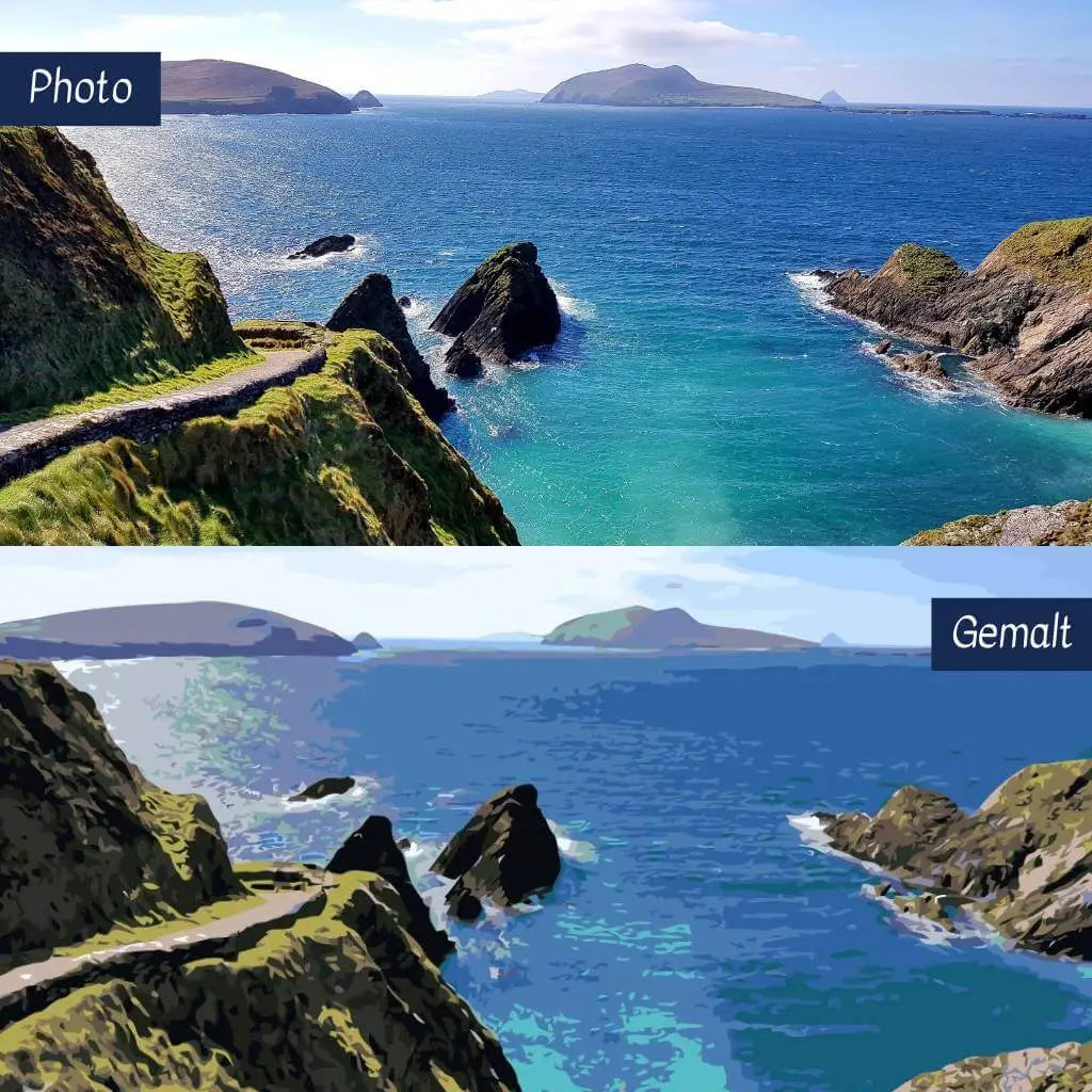 DIY Malen nach Zahlen – Wunschmotiv mit Landschaft: Foto vs. Gemälde auf Leinwand – Meeresblick mit Felsen und Klippen als personalisiertes Malset – Artyroom.shop