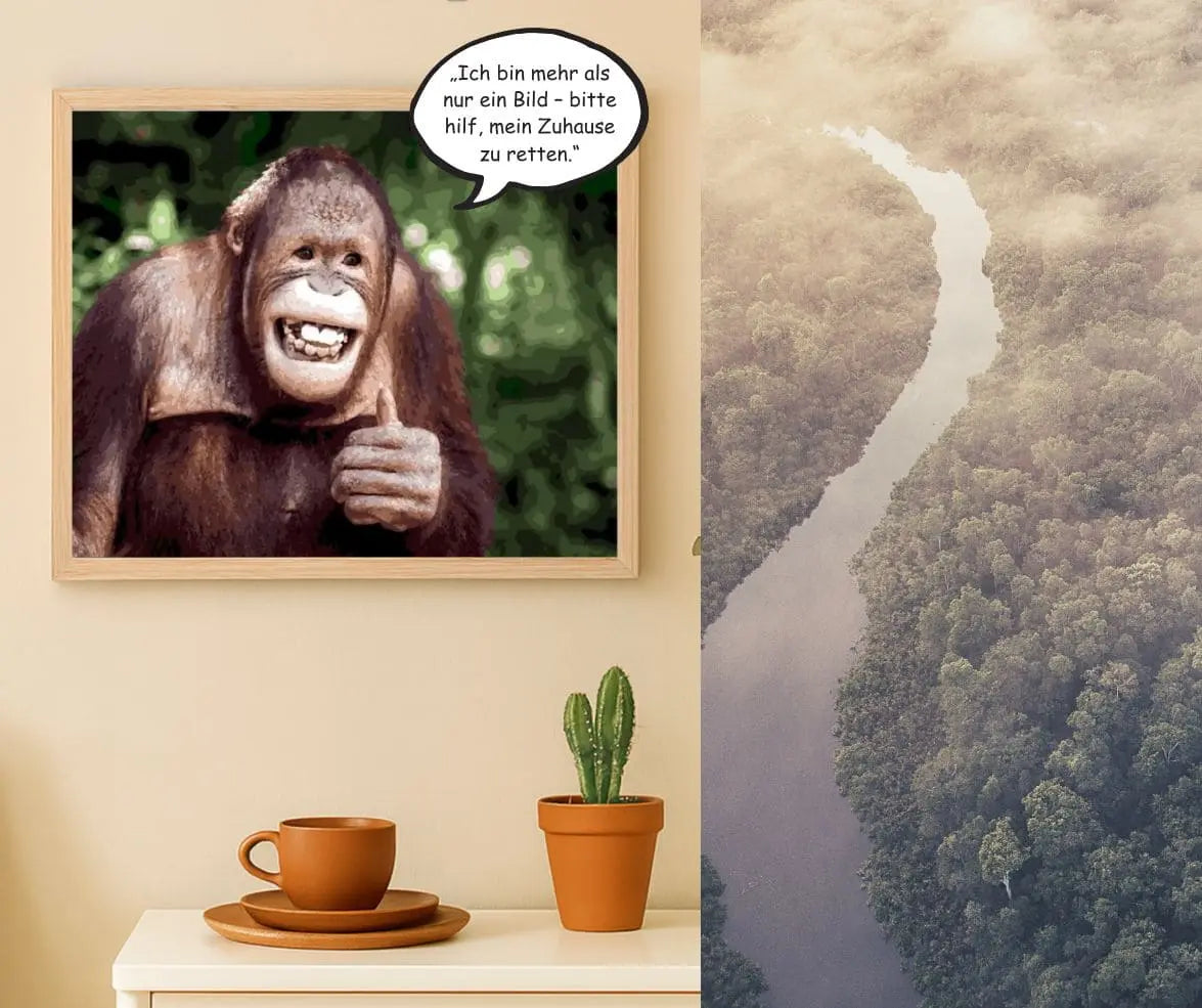 DIY Malen nach Zahlen – Orang-Utan bittet um Hilfe zum Schutz seines Regenwalds – emotionales Naturmotiv mit Botschaft – exklusiv bei Artyroom.shop