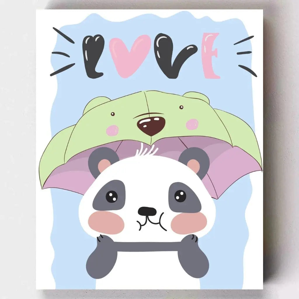 DIY Malen nach Zahlen – Schüchterner Panda unter einem Bären-Regenschirm mit „LOVE“-Schriftzug – liebevolles Kinder-Motiv für kreative Achtsamkeit – nur bei Artyroom.shop