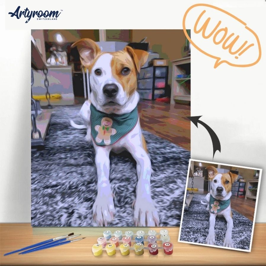 DIY Malen nach Zahlen – Wunschmotiv vom eigenen Foto: Hundeporträt mit Halstuch auf Leinwand malen – personalisiertes Haustierbild als Kunstwerk – einzigartiges Geschenk – nur bei Artyroom.shop